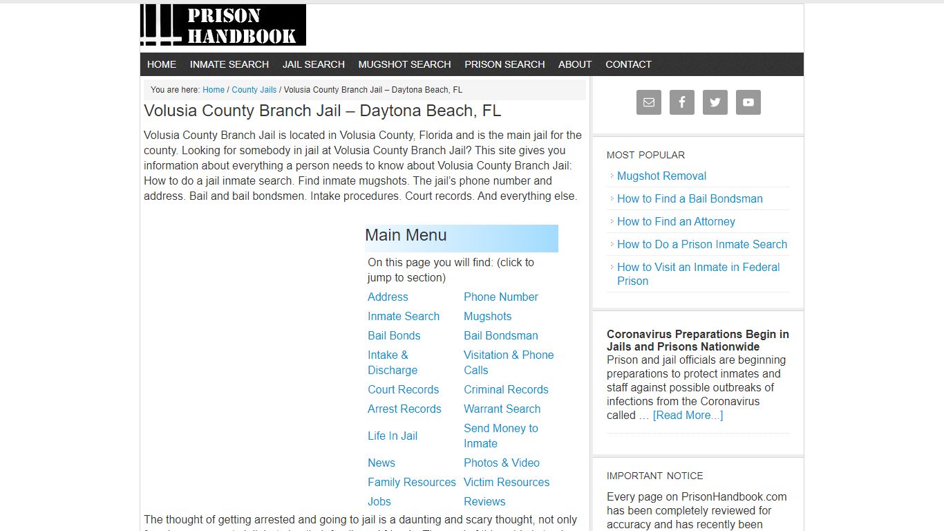 Volusia County Branch Jail – Daytona Beach, FL - Prison Handbook